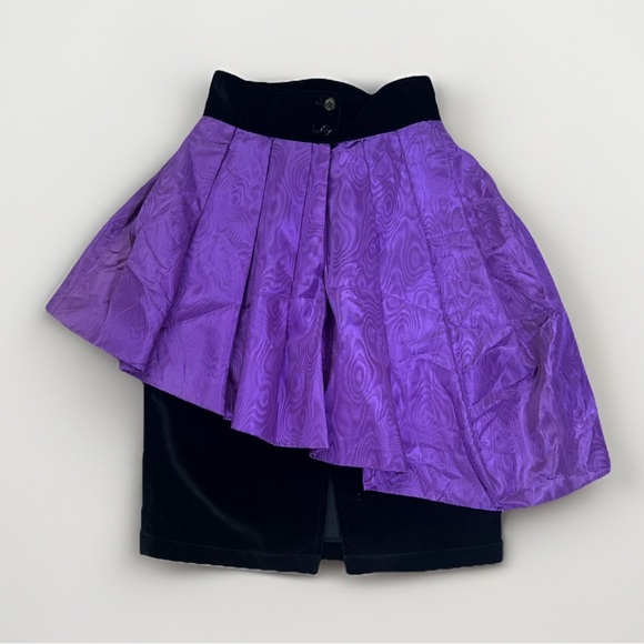 Italian VTG 80s high-low Skirt Black Velvet Purple Taffeta Asymmetrical Ruffle S - Picture 2 of 9